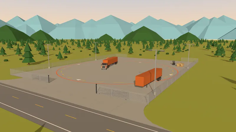 A fenced truck lot with company trucks, pallets and a forklift, mountains behind