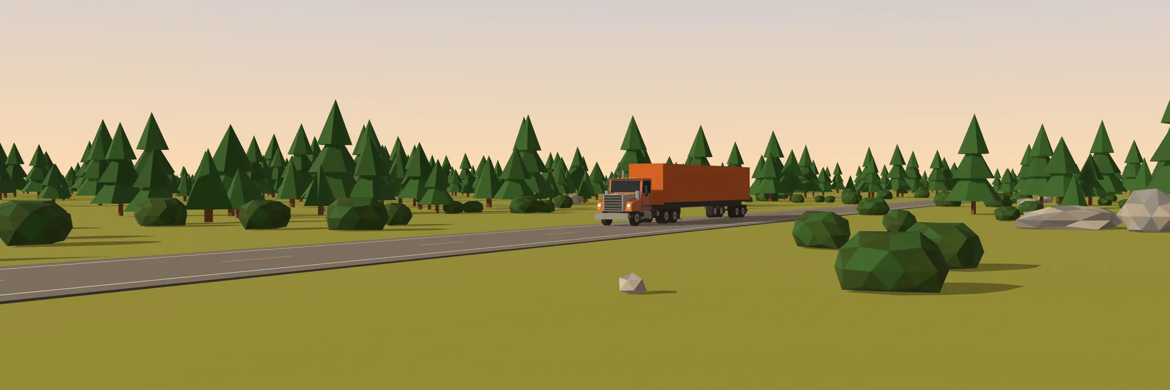 A low-poly orange semi truck on a two-lane road through pine country at golden hour